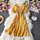 V-neck Floral Puff Short-sleeve Dress
