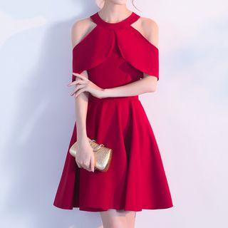 Halter Cutout Shoulder Short Sleeve Plain Cocktail Dress
