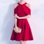 Halter Cutout Shoulder Short Sleeve Plain Cocktail Dress