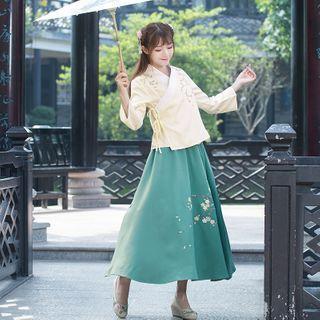 Flower Embroidered Hanfu Blouse / Midi A-line Skirt / Set