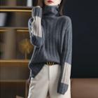 High-neck Color Block Ribbed   Sweater