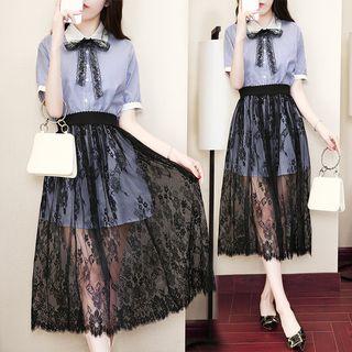Set: Short-sleeve Long Shirt + Lace Midi Skirt