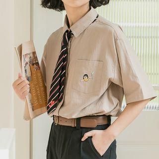 Embroidered Elbow-sleeve Shirt With Striped Neck Tie