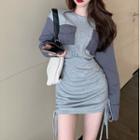 Long-sleeve Front-pocket Drawstring Mini Bodycon Dress