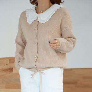 Frill-collar Rib-knit Cardigan
