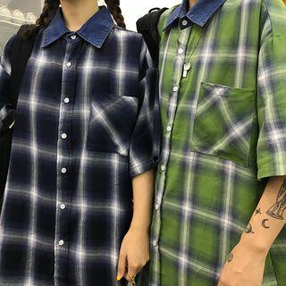 Couple Matching Denim-collar Plaid Elbow-sleeve Shirt
