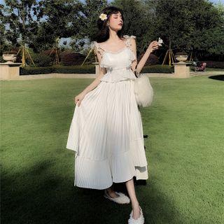 Spaghetti Strap Chiffon Top / Midi A-line Pleated Skirt