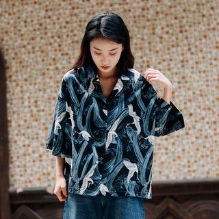 3/4-sleeve Crane Print Shirt Black - One Size