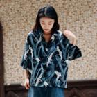 3/4-sleeve Crane Print Shirt Black - One Size