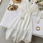 V-neck Short-sleeve Midi A-line Dress White - One Size