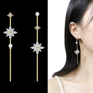 Non-matching Faux Pearl Rhinestone Flower Dangle Earring 1 Pair - Sterling Silver Stud - Gold - One Size