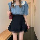 Short-sleeve Denim Top / Lace Hem Mini Skirt