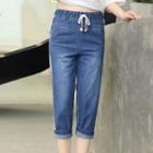 Elastic-waist Washed Cropped Jeans