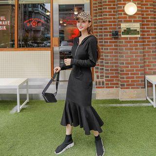 Hooded Ruffle-hem Long Pullover Dress One Size