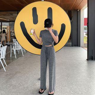 Set: Knot-trim Crop M Lange Knit Top + Wide-leg Pants