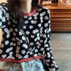 Flower Jacquard Cropped Long-sleeve Knit Top