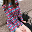 Long-sleeve Mini Plaid Knit Dress As Shown In Figure - One Size