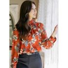 Frill-neck Floral Blouse With Scarf Orange - One Size