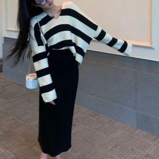 Striped V-neck Sweater / Knit Midi A-line Skirt