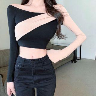 Long-sleeve Off-shoulder Two-tonecropped T-shirt Almond & Black - One Size