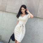 Open-placket Rib-knit Bodycon Dress With Sash