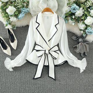 Contrast Trim Notch Lapel Blouse