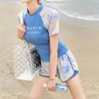 Set: Short-sleeve Lettering Rashguard + Tie Dye Swim Shorts