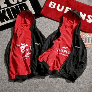 Reversible Lettering Embroidered Zip Hooded Jacket