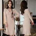 Set: Long-sleeve V-neck Mermaid Dress + Leopard Print Neckerchief