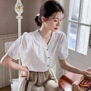 Puff Sleeve V-neck Stitched Trim Blouse