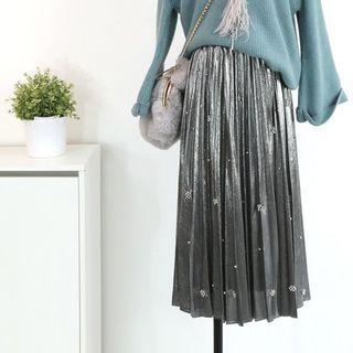 Faux Pearl Pleated Midi Skirt