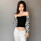 Long-sleeve Off-shoulder Zebra Print Crop Top Black - One Size