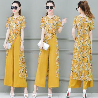 Set: Long Flower Print Top + Wide-leg Pants