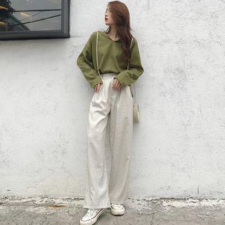 Long-sleeve Split-neck Hooded Top / Plain Wide-leg Pants