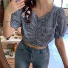Short-sleeve Plaid Blouse Gingham - Blue - One Size