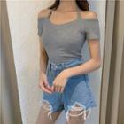 Cold-shoulder Short-sleeve Ribbed T-shirt