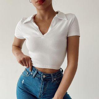 Short Sleeve Plain Crop Shirt