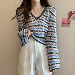 V-neck Striped Crochet Knit Sweater