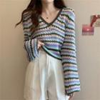 V-neck Striped Crochet Knit Sweater