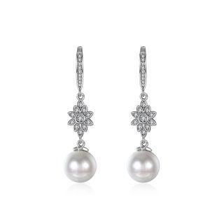 Elegant Flower Earrings With Fashion Pearls And Austrian Element Crystals Silver - One Size