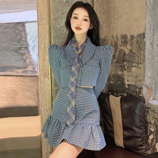 Set: Long-sleeve Houndstooth Blazer Top / High-waist Houndstooth Mermaid Skirt / Tie