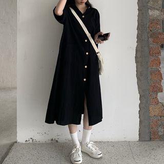 Short-sleeve Maxi Shirt Dress Black - One Size
