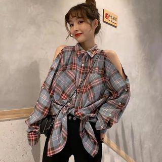 Long-sleeve Plaid Cold Shoulder Shirt Plaid - One Size