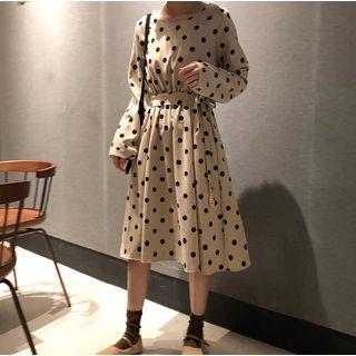 Tie-waist Dotted Print A-line Dress
