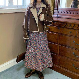 Long-sleeve Floral Print Midi A-line Dress Floral Print - Dark Blue - One Size