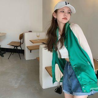 Two Tone Baseball Jacket Green & Beige - One Size