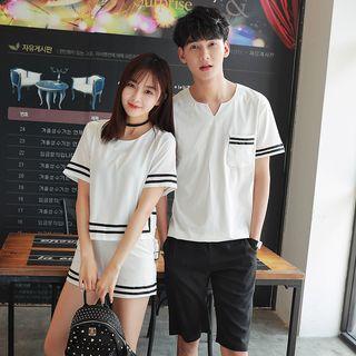 Couple Matching Set: Split-neck Short-sleeve T-shirt / Short-sleeve T-shirt + Shorts