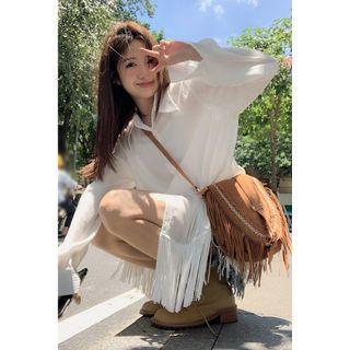 Long-sleeve Tassel Striped Loose-fit Shirt