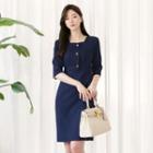 Square-neck Metal-button Sheath Dress