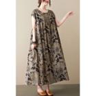 Short-sleeve Floral Midi Smock Dress Brown - One Size